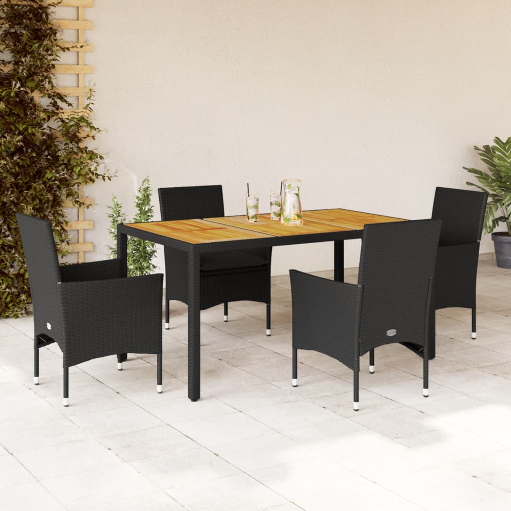 Set mobilier grădină perne 5 piese negru poliratan/lemn acacia