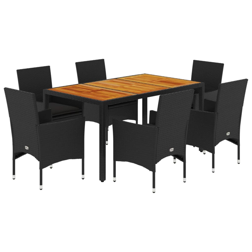 Set mobilier grădină perne 7 piese negru poliratan/lemn acacia