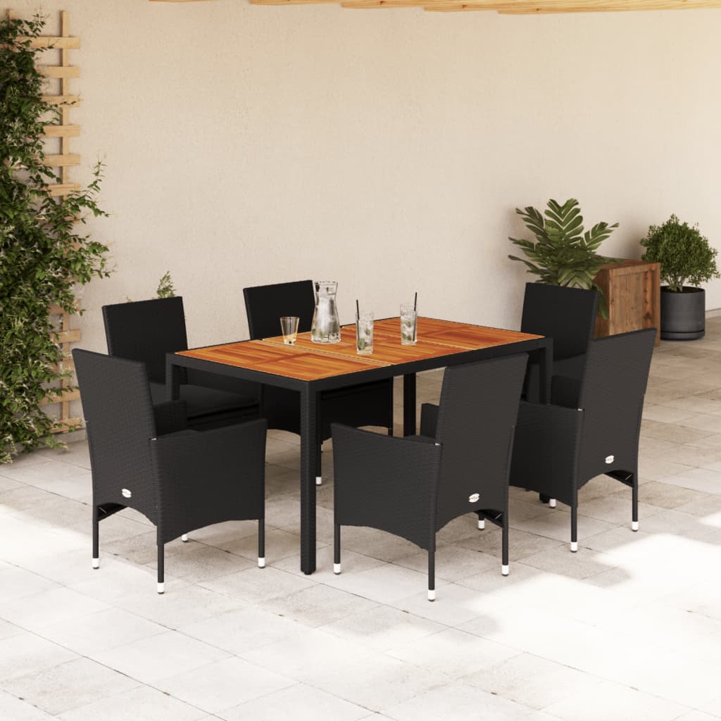 Set mobilier grădină perne 7 piese negru poliratan/lemn acacia