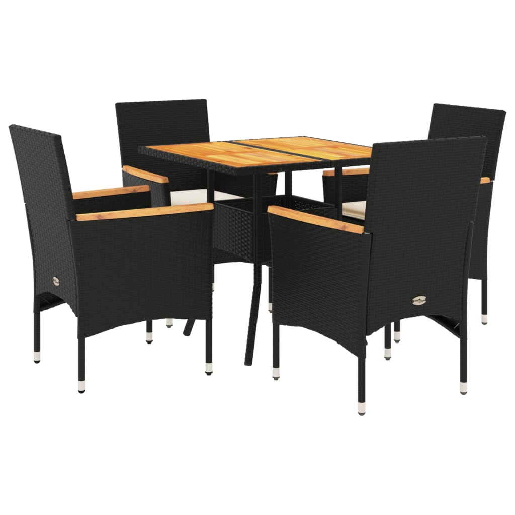 Set mobilier grădină perne 5 piese negru poliratan/lemn acacia