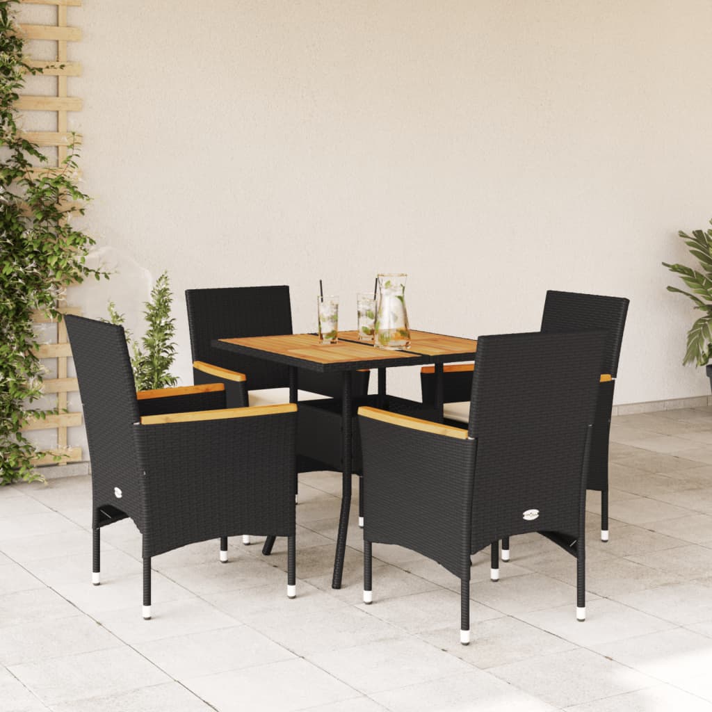 Set mobilier grădină perne 5 piese negru poliratan/lemn acacia