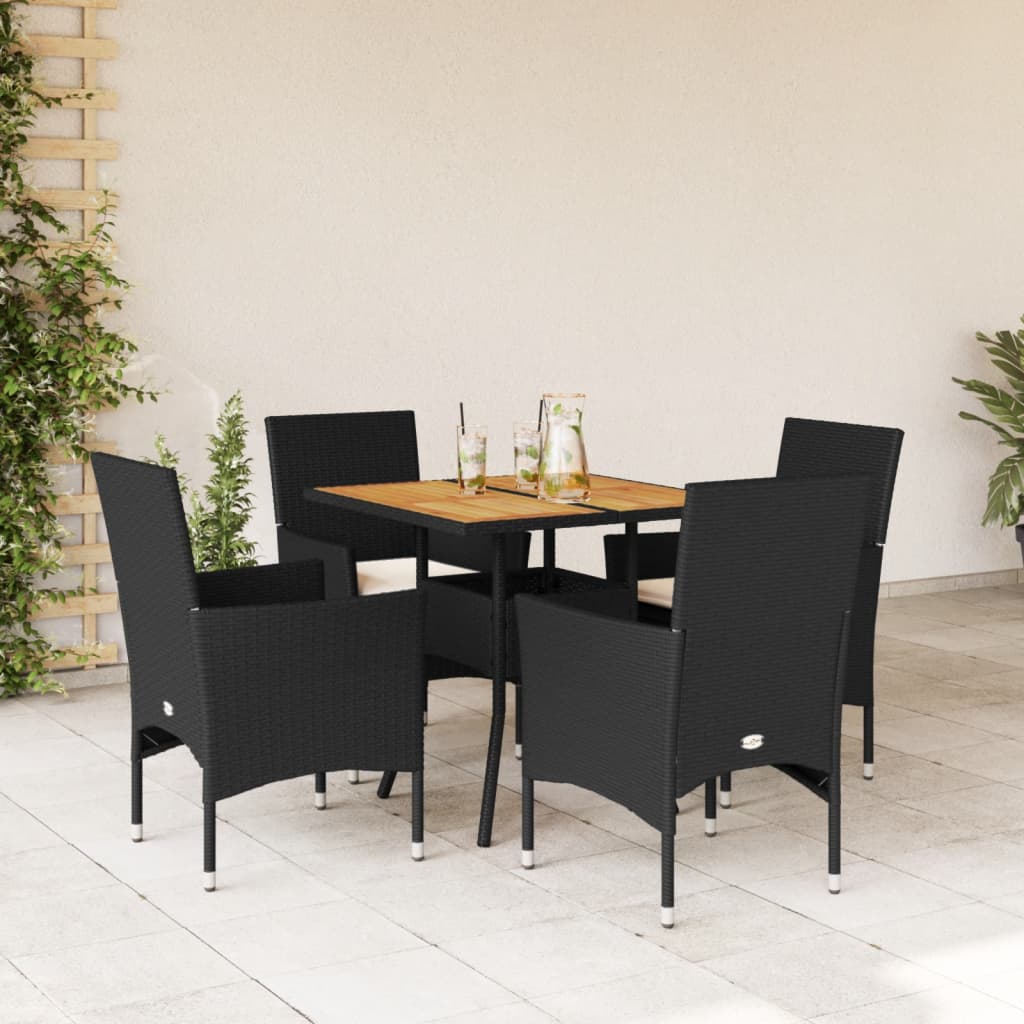 Set mobilier grădină perne 5 piese negru poliratan/lemn acacia