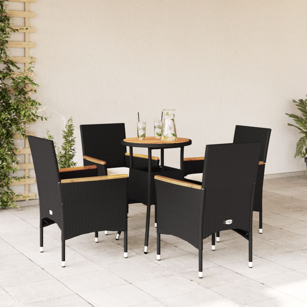 Set mobilier grădină perne 5 piese negru poliratan/lemn acacia