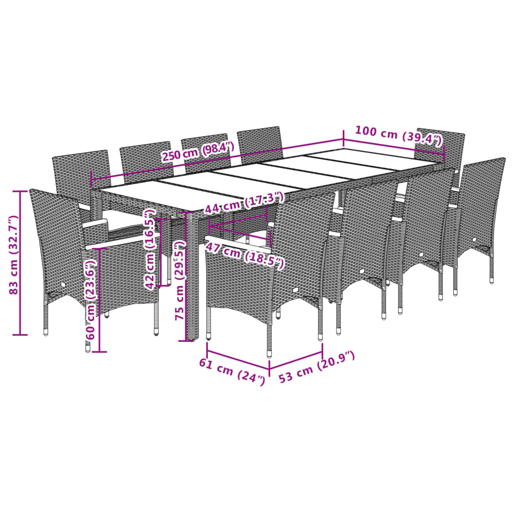 Set mobilier de grădină cu perne 11piese negru poliratan&sticlă