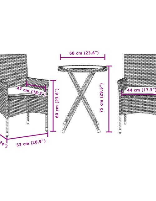 Încărcați imaginea în vizualizatorul Galerie, Set bistro cu perne, 3 piese, gri, poliratan și sticlă
