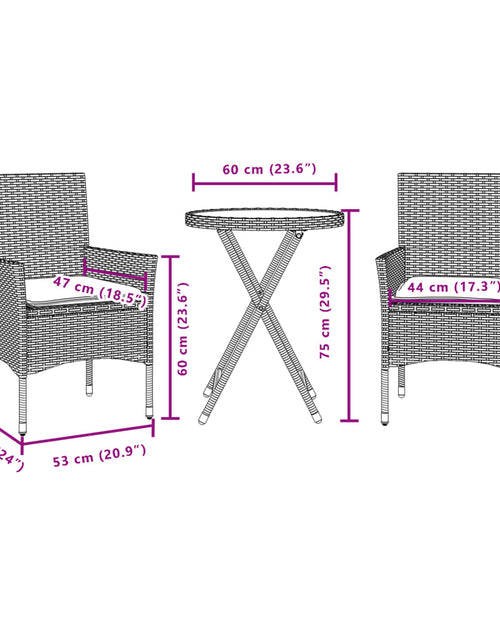 Încărcați imaginea în vizualizatorul Galerie, Set bistro cu perne, 3 piese, bej, poliratan și sticlă
