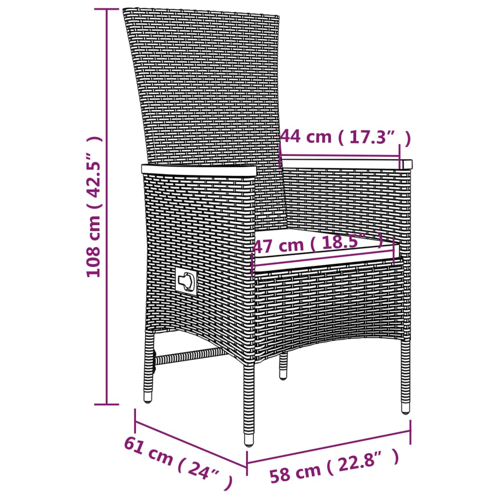 Set mobilier de grădină cu perne, 3 piese, negru, poliratan