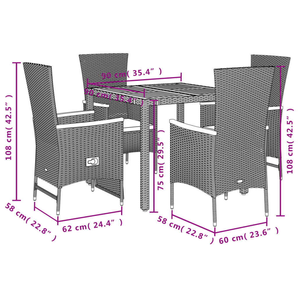 Set mobilier de grădină cu perne, 5 piese, negru, poliratan