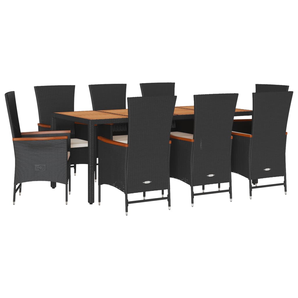 Set mobilier de grădină cu perne, 9 piese, negru, poliratan