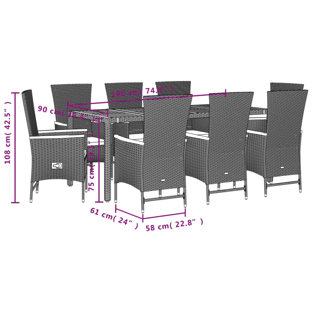 Set mobilier de grădină cu perne, 9 piese, negru, poliratan