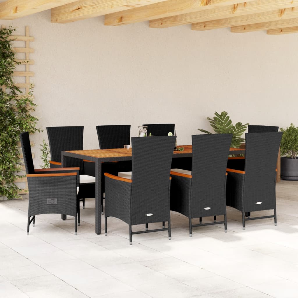 Set mobilier de grădină cu perne, 9 piese, negru, poliratan