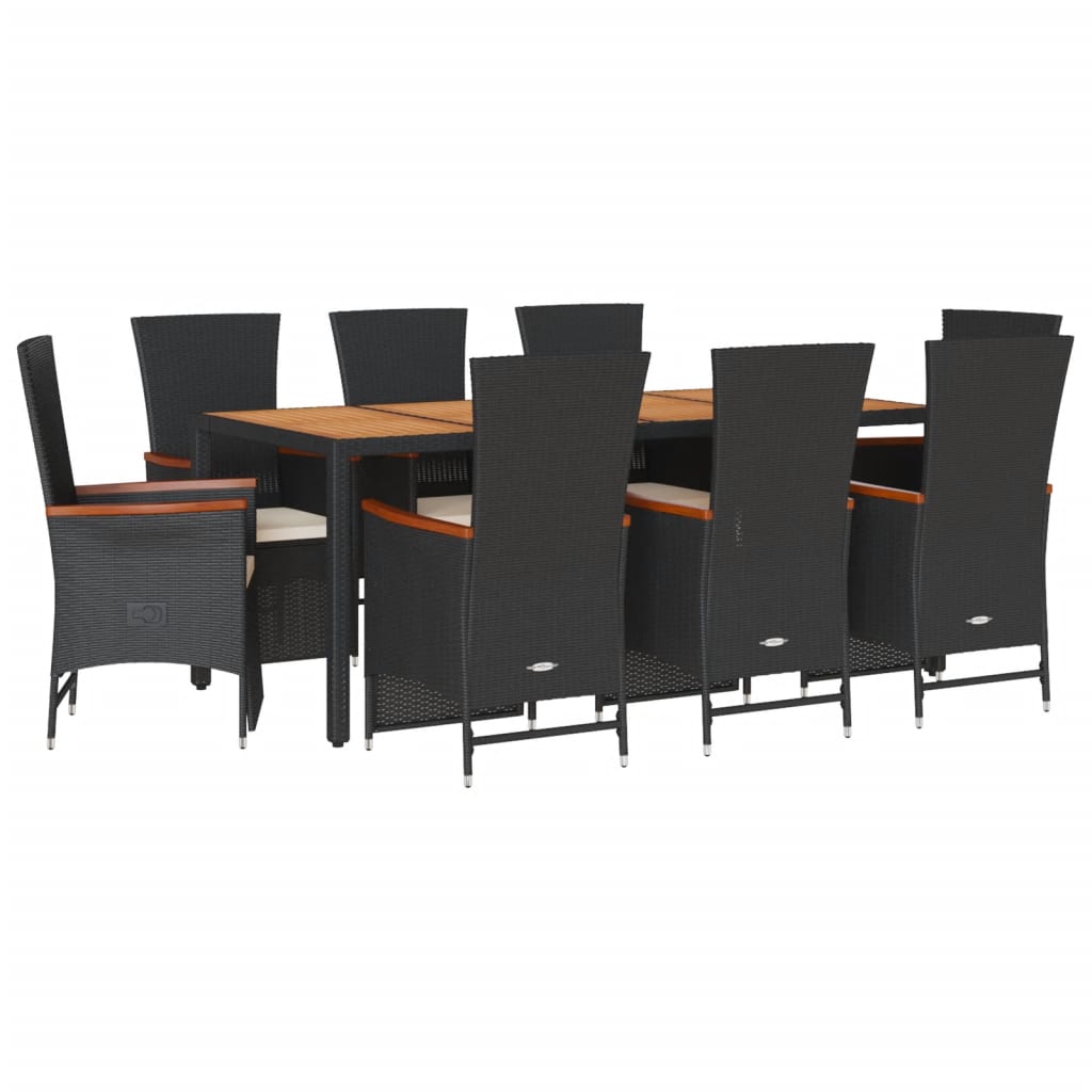 Set mobilier de grădină cu perne, 9 piese, negru, poliratan