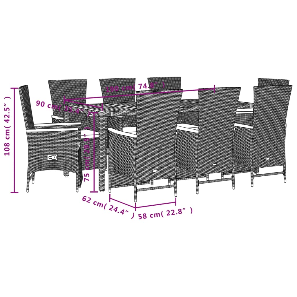 Set mobilier de grădină cu perne, 9 piese, negru, poliratan