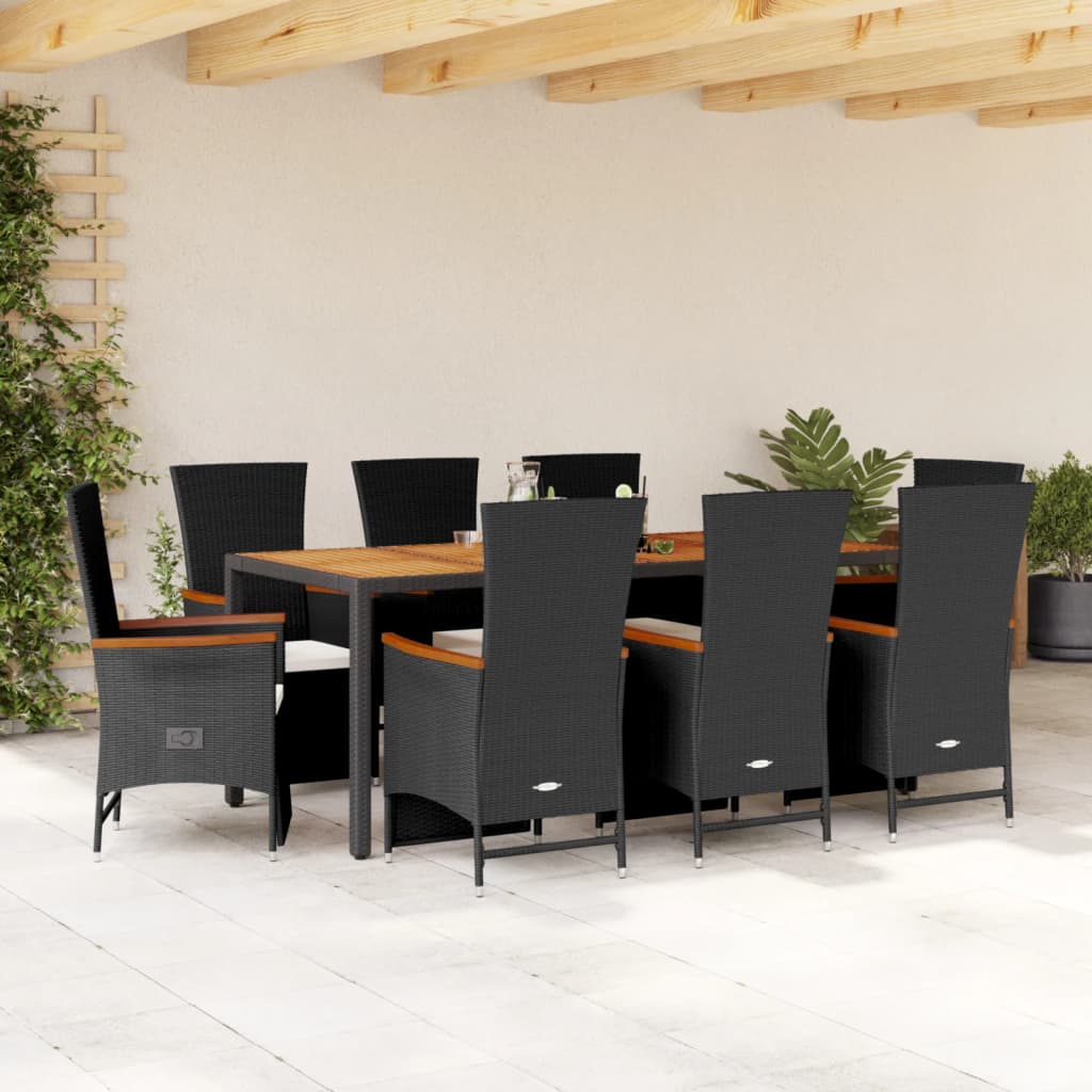 Set mobilier de grădină cu perne, 9 piese, negru, poliratan