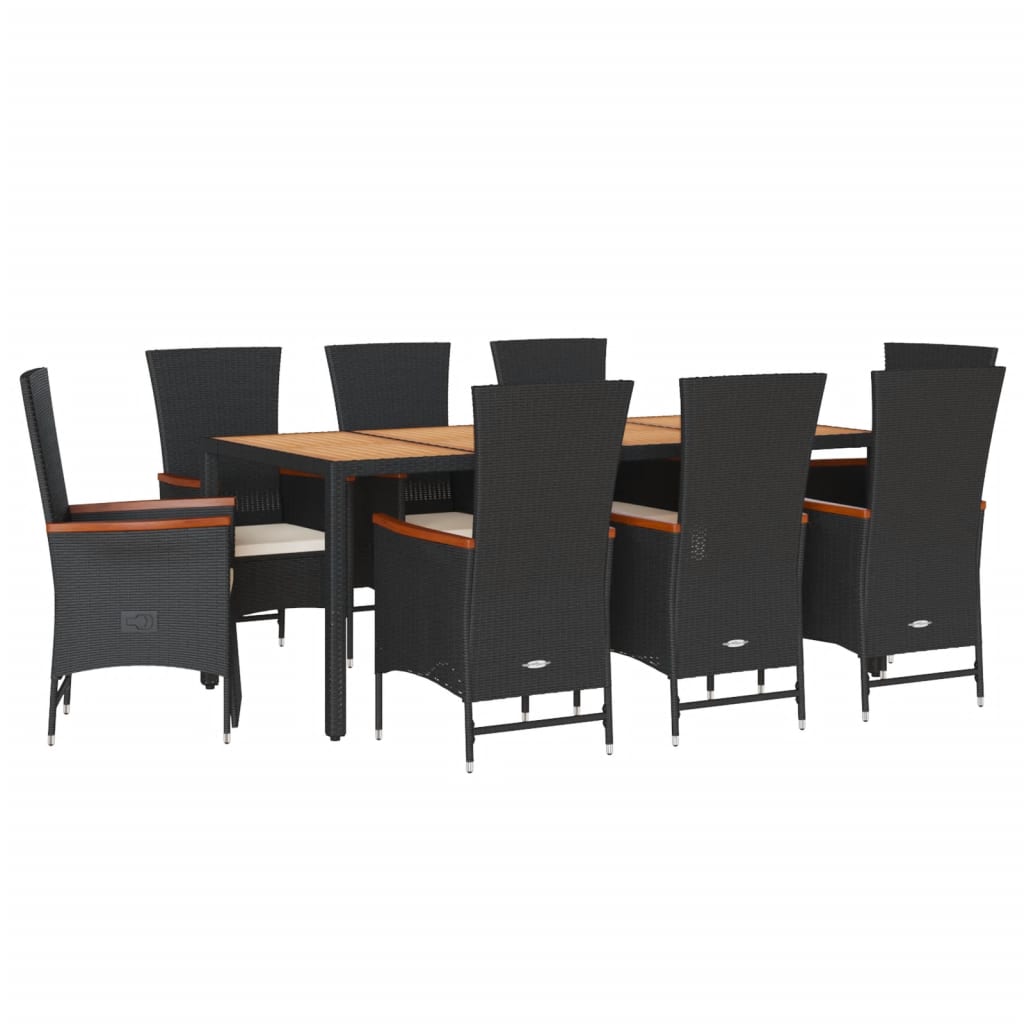 Set mobilier de grădină cu perne, 9 piese, negru, poliratan