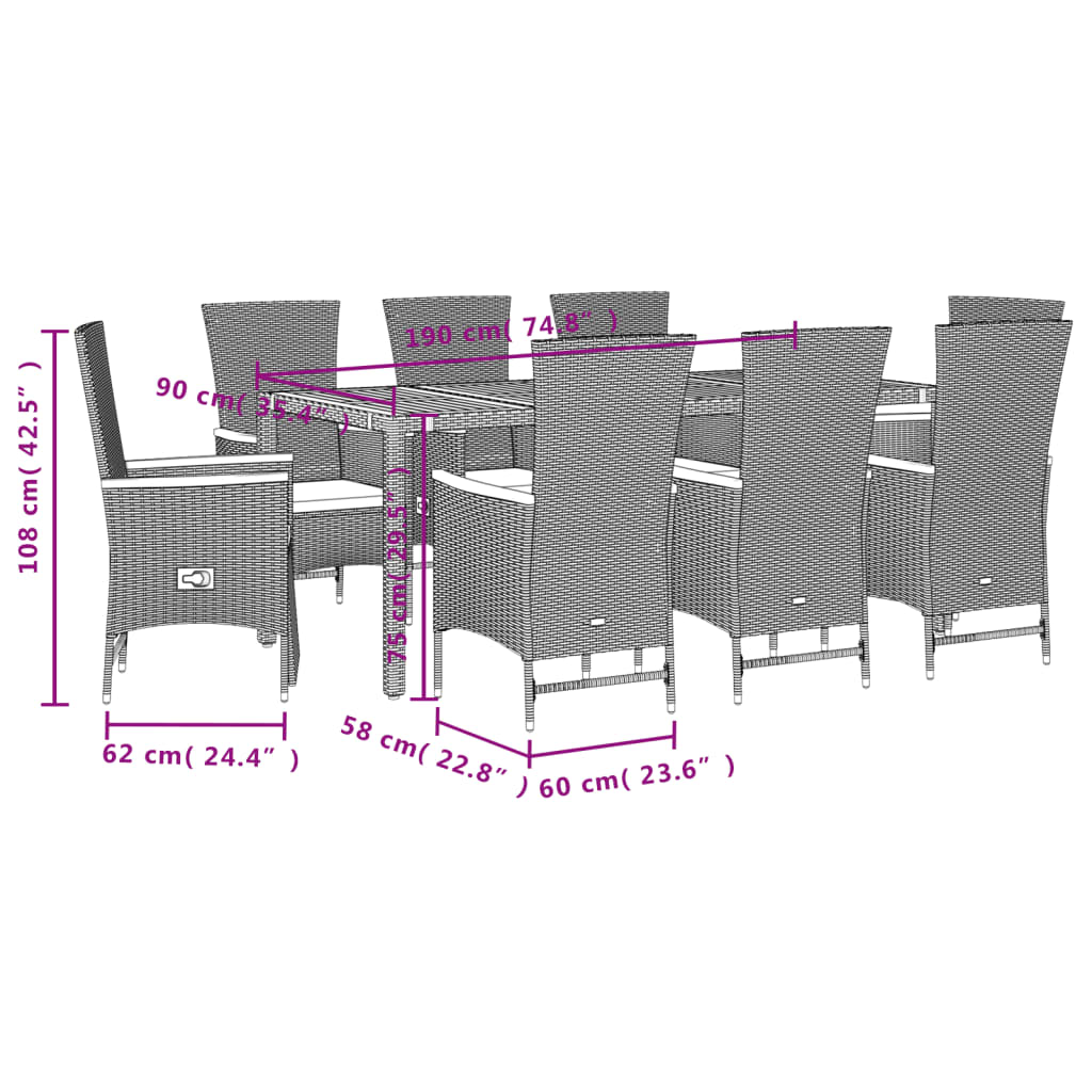 Set mobilier de grădină cu perne, 9 piese, negru, poliratan