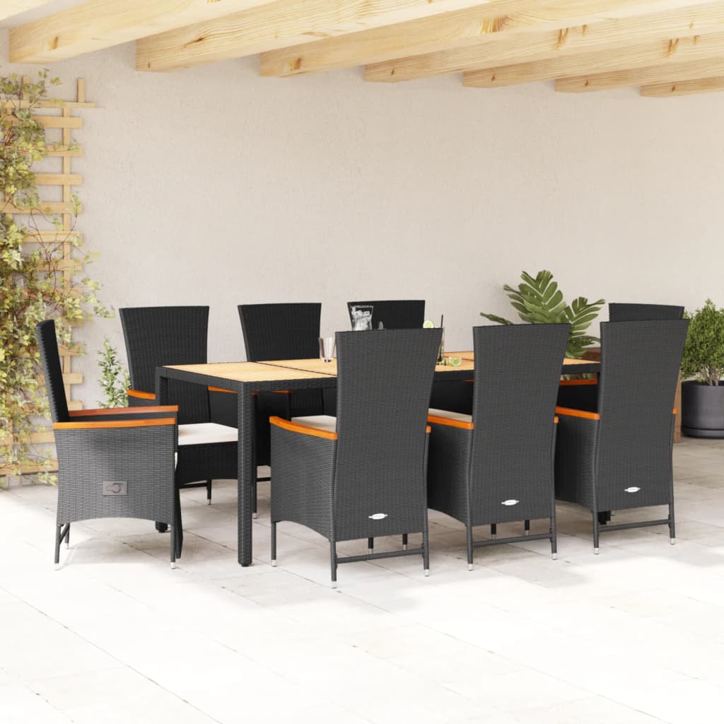 Set mobilier de grădină cu perne, 9 piese, negru, poliratan