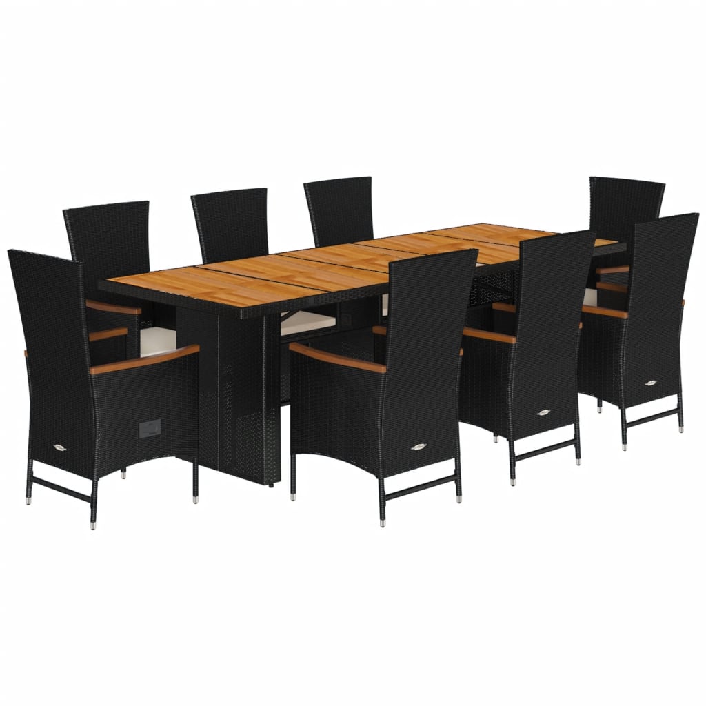 Set mobilier de grădină cu perne, 9 piese, negru, poliratan