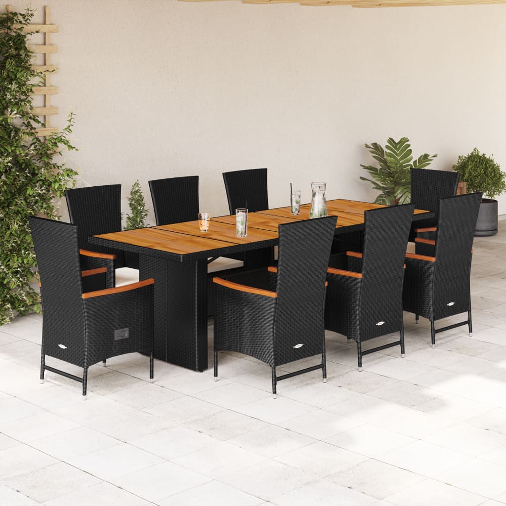 Set mobilier de grădină cu perne, 9 piese, negru, poliratan