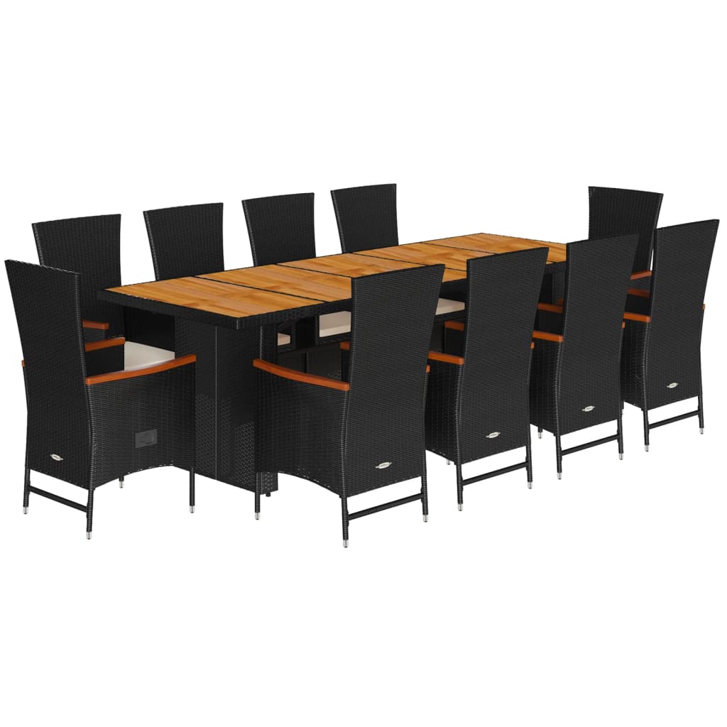 Set mobilier de exterior cu perne, 11 piese, negru, poliratan