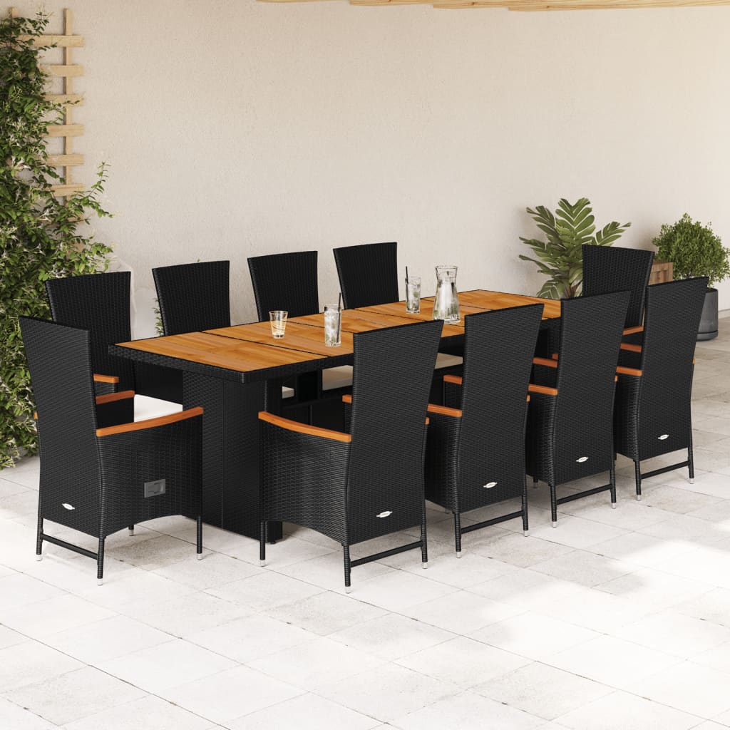 Set mobilier de exterior cu perne, 11 piese, negru, poliratan