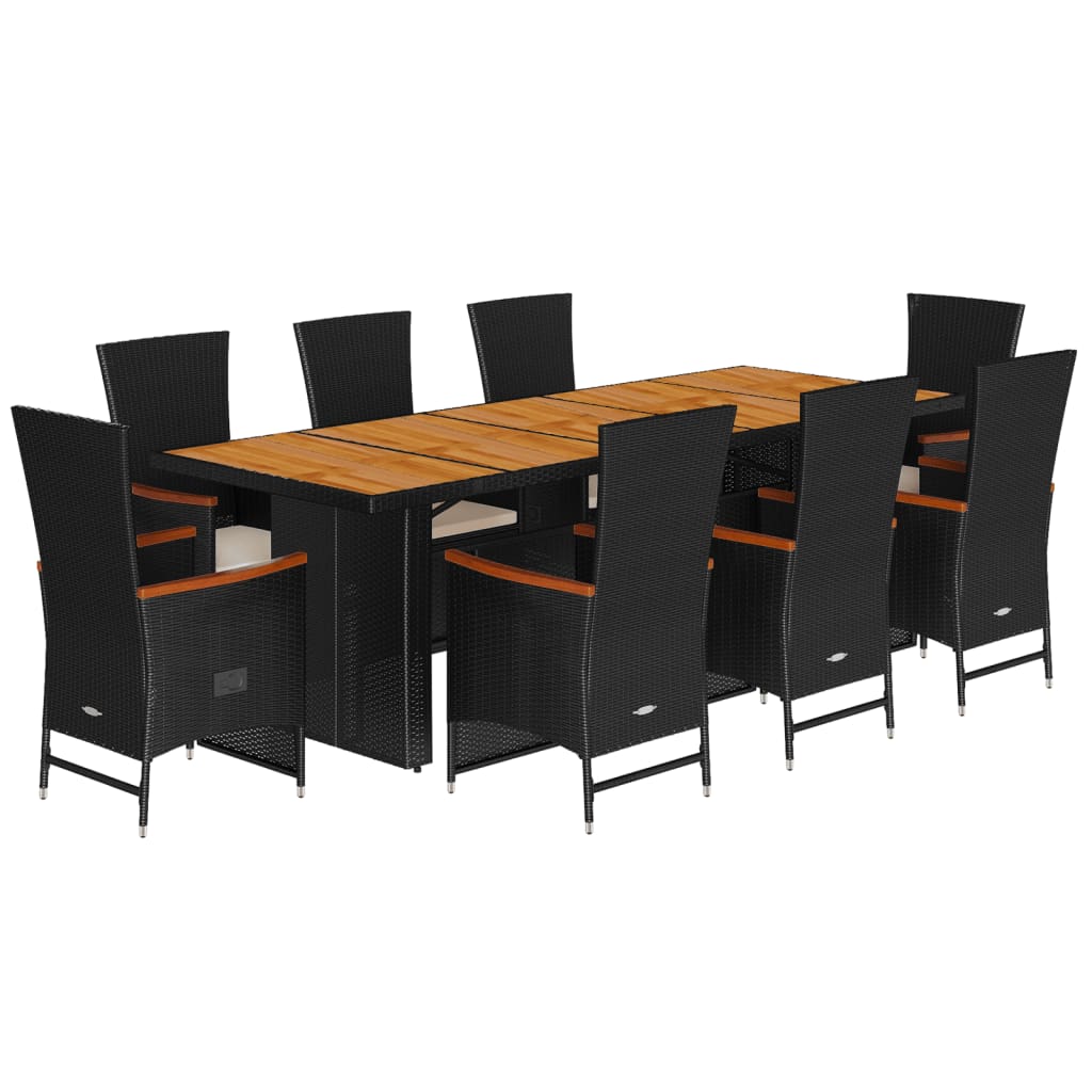 Set mobilier de grădină cu perne, 9 piese, negru, poliratan