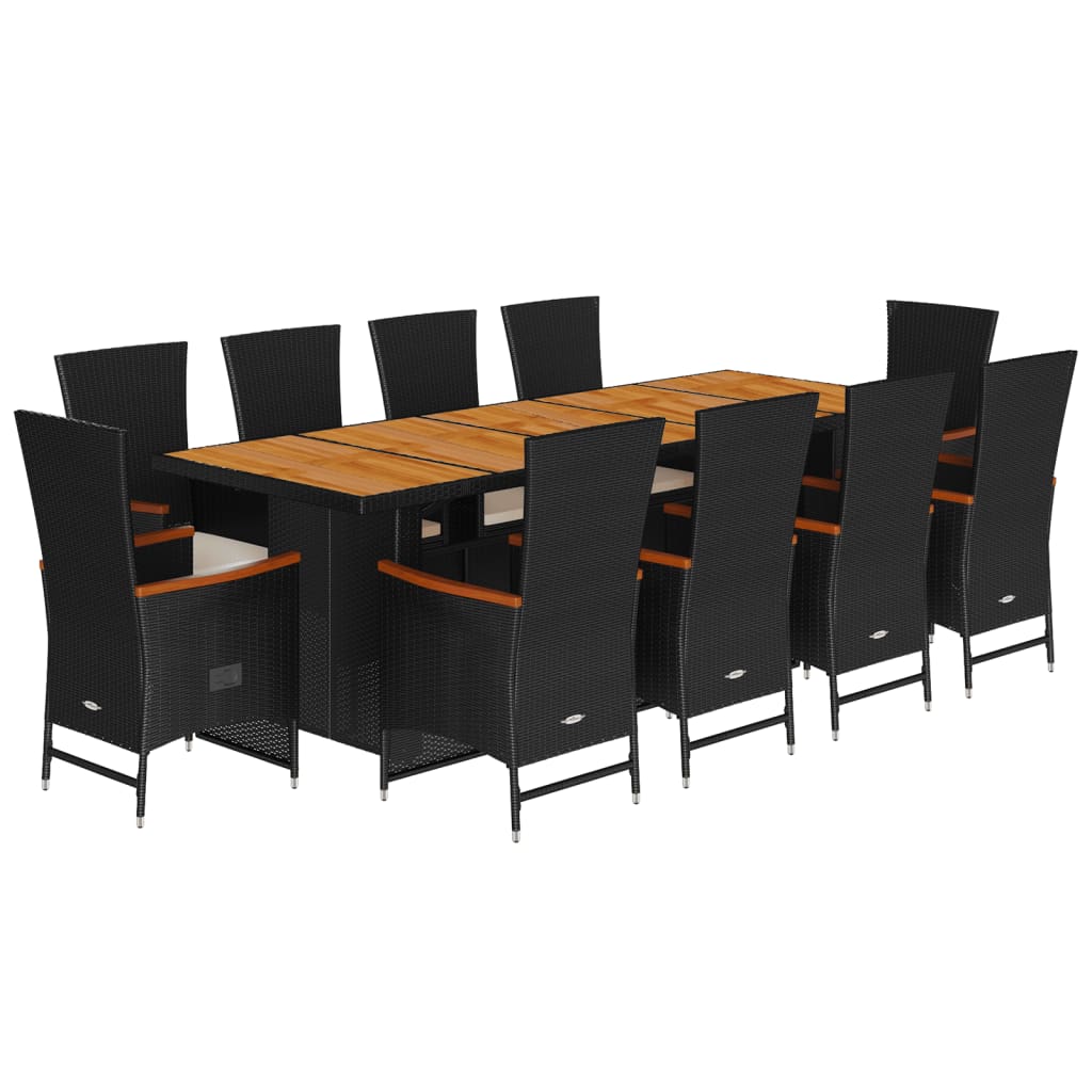 Set mobilier de exterior cu perne, 11 piese, negru, poliratan