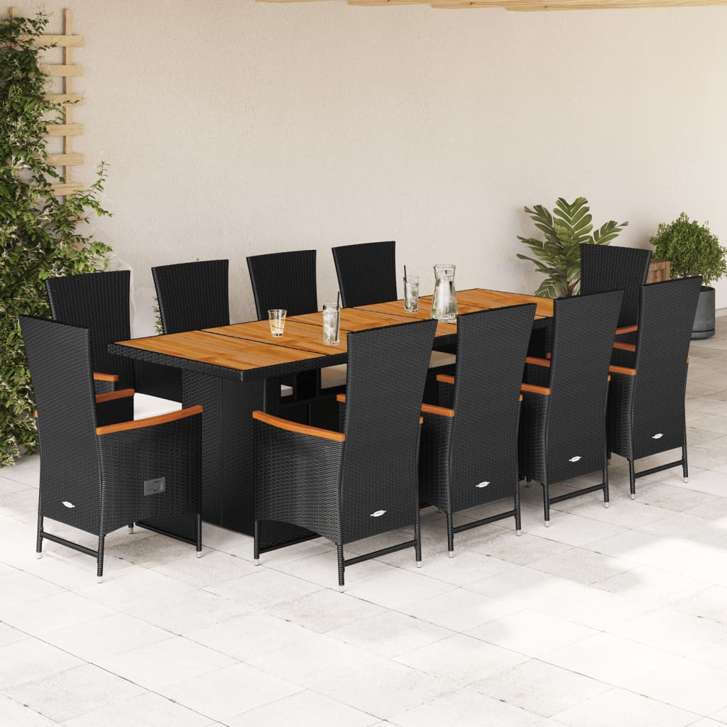 Set mobilier de exterior cu perne, 11 piese, negru, poliratan