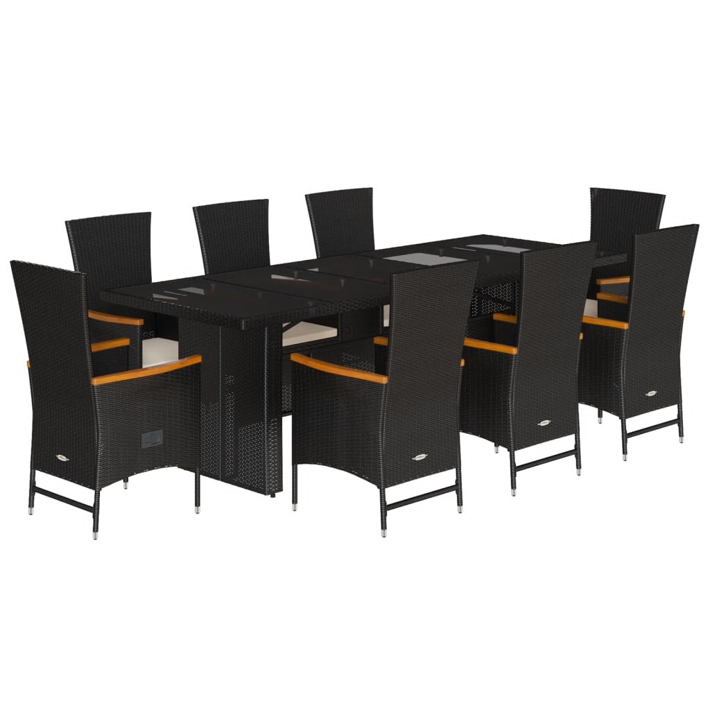 Set mobilier de grădină cu perne, 9 piese, negru, poliratan