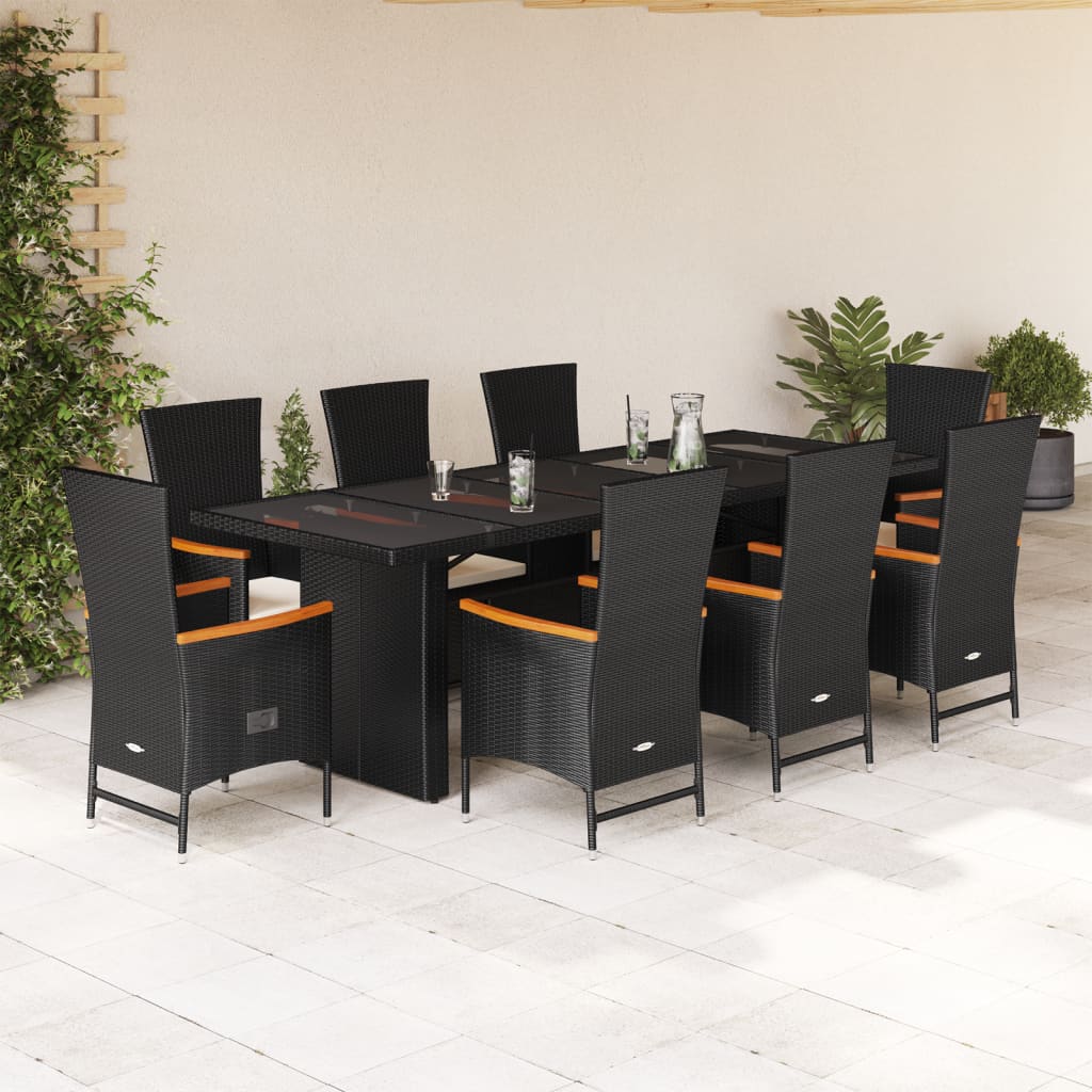 Set mobilier de grădină cu perne, 9 piese, negru, poliratan