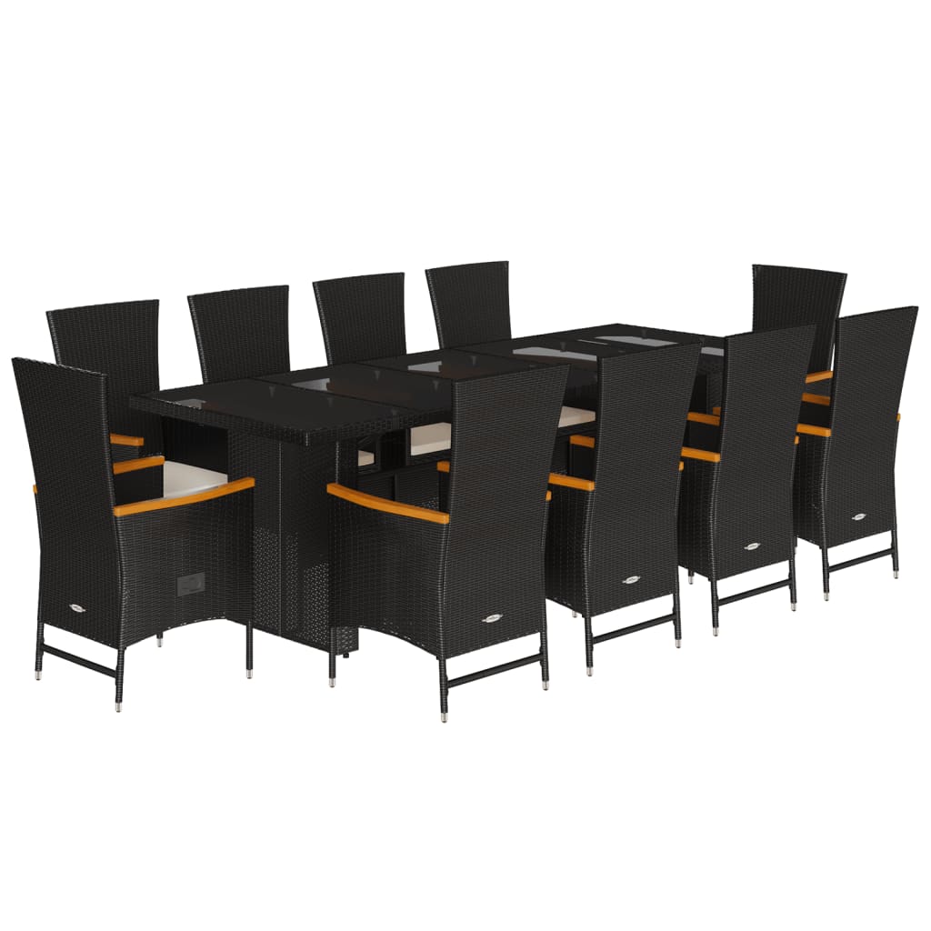 Set mobilier de exterior cu perne, 11 piese, negru, poliratan