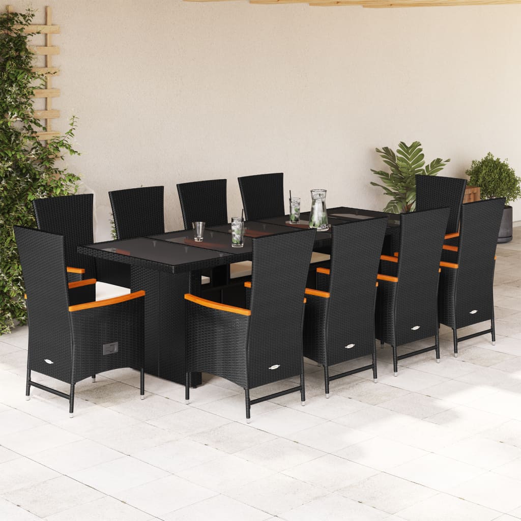 Set mobilier de exterior cu perne, 11 piese, negru, poliratan