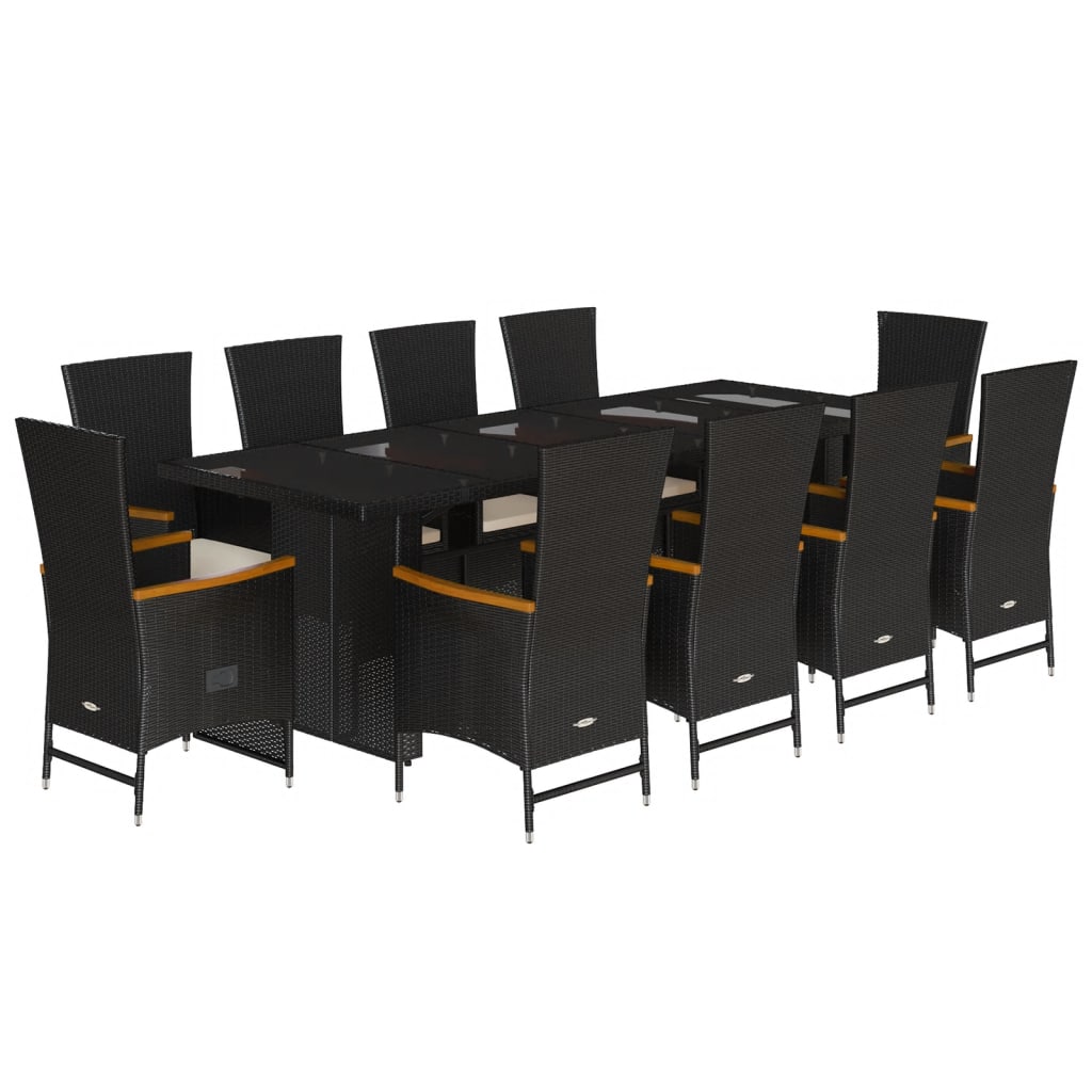 Set mobilier de exterior cu perne, 11 piese, negru, poliratan