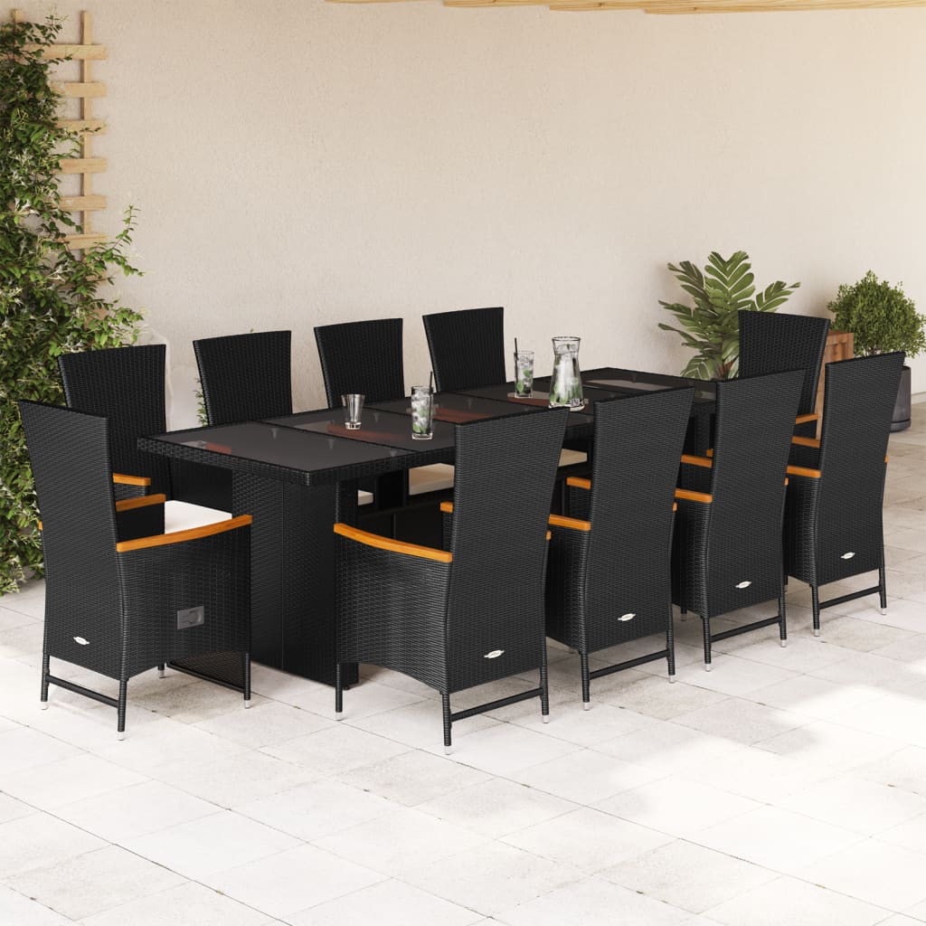 Set mobilier de exterior cu perne, 11 piese, negru, poliratan