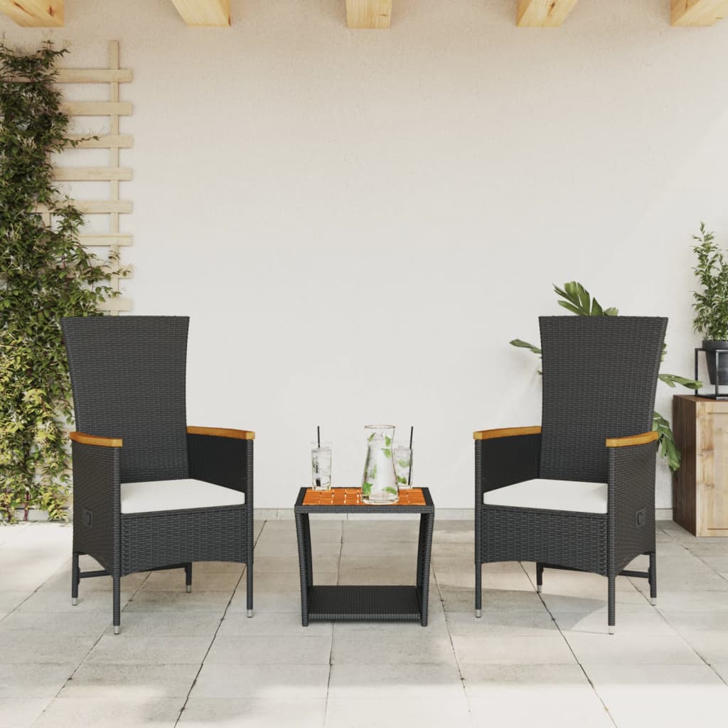 Set mobilier de grădină cu perne, 3 piese, negru, poliratan