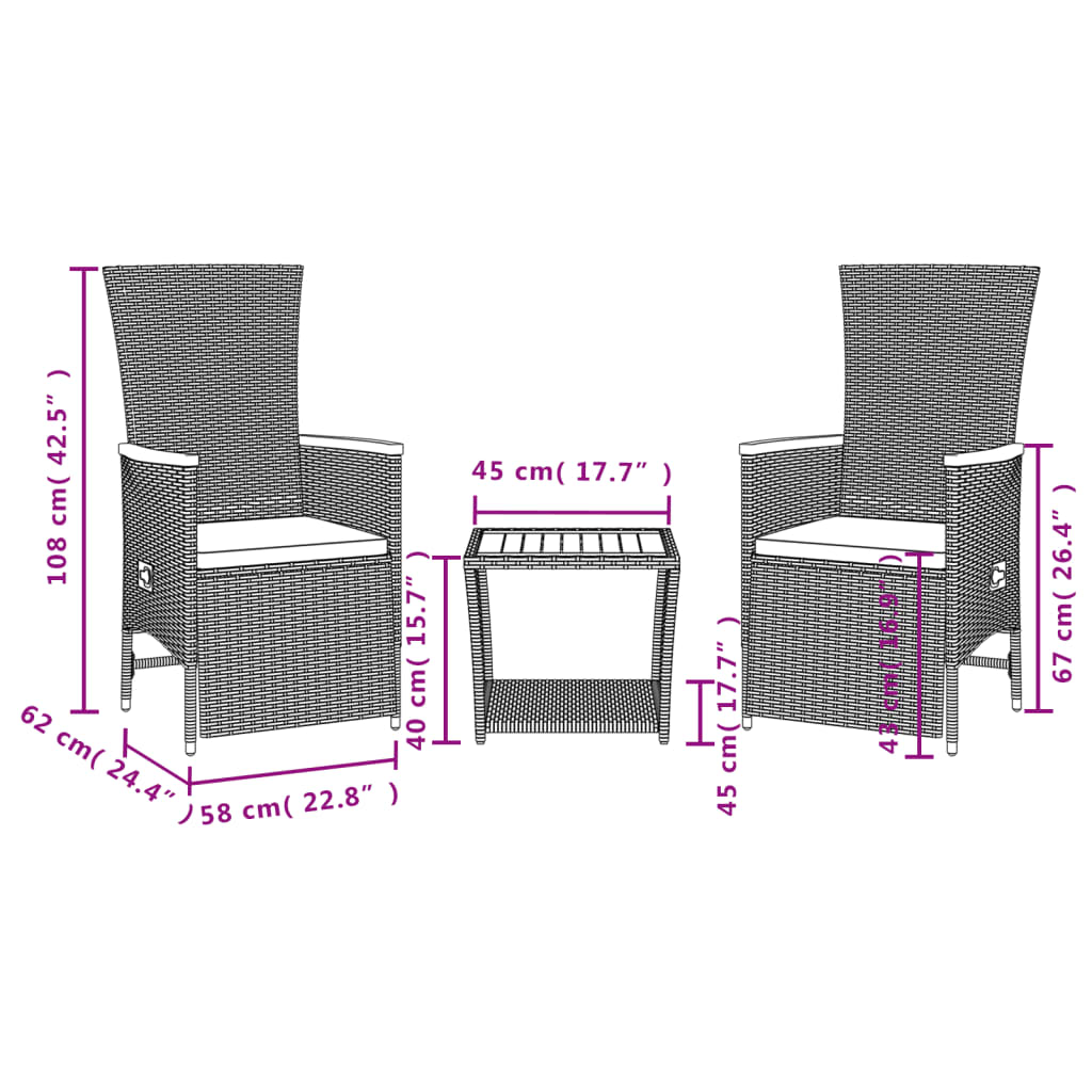 Set mobilier de grădină cu perne, 3 piese, negru, poliratan