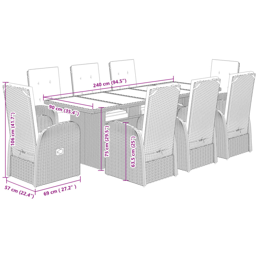 Set mobilier grădină cu perne, 9 piese, gri, poliratan