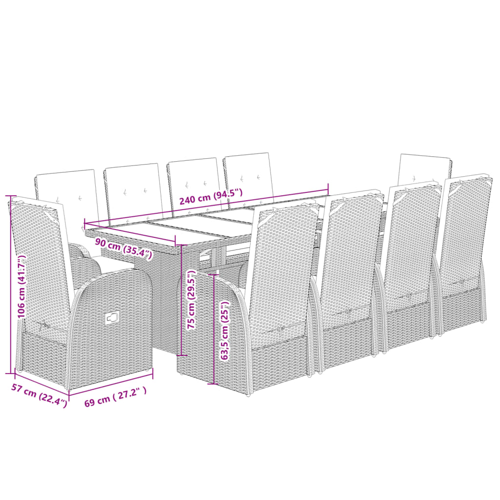 Set mobilier de grădină cu perne, 11 piese, gri, poliratan