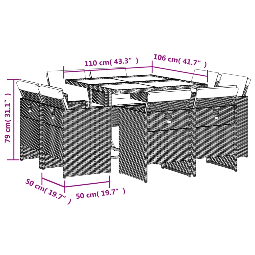 Set mobilier de grădină cu perne, 9 piese, maro, poliratan