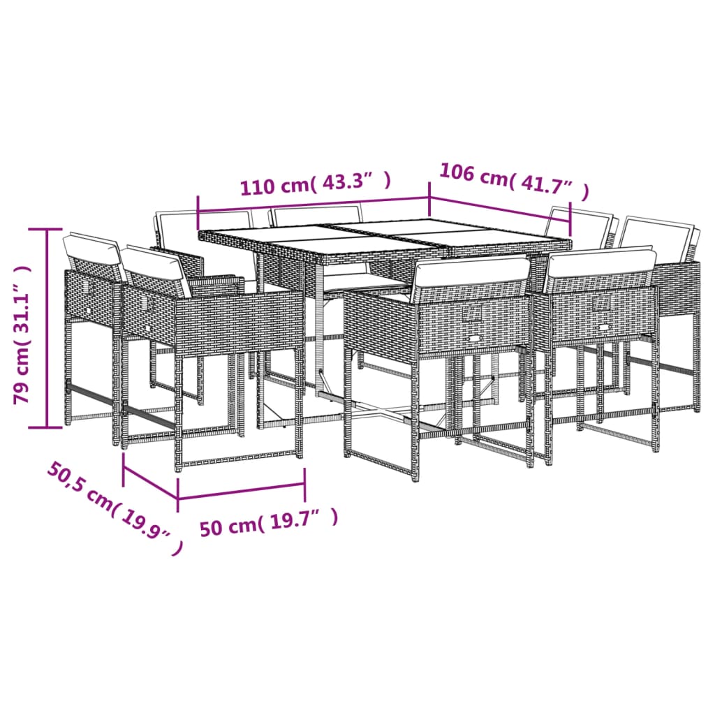 Set mobilier de grădină cu perne, 9 piese, maro, poliratan