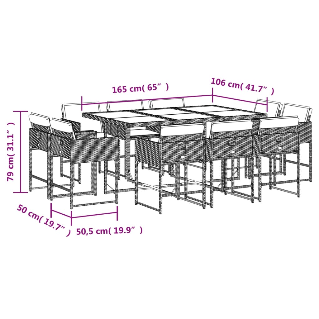 Set mobilier de exterior cu perne, 11 piese, negru, poliratan