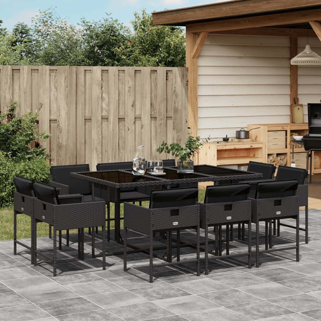 Set mobilier de exterior cu perne, 11 piese, negru, poliratan