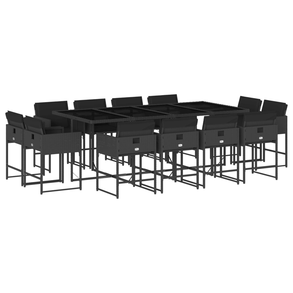 Set mobilier de grădină cu perne, 13 piese, negru, poliratan