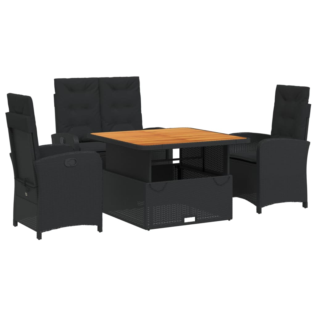 Set mobilier de grădină cu perne, 4 piese, negru, poliratan