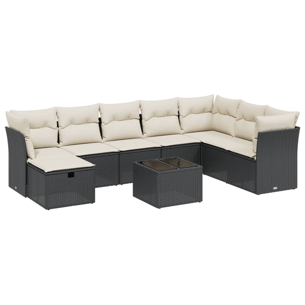 Set mobilier de grădină cu perne, 9 piese, negru, poliratan