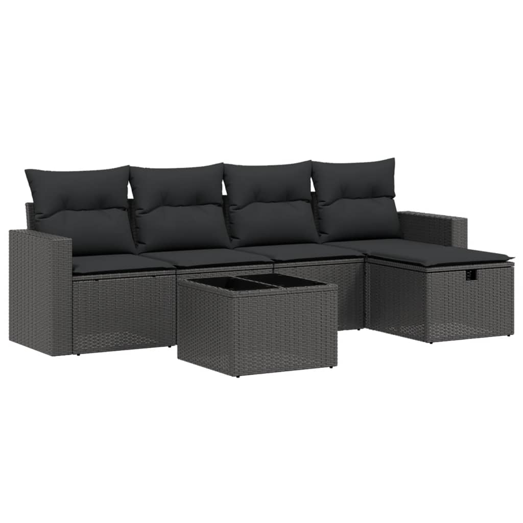 Set mobilier de grădină cu perne, 6 piese, negru, poliratan