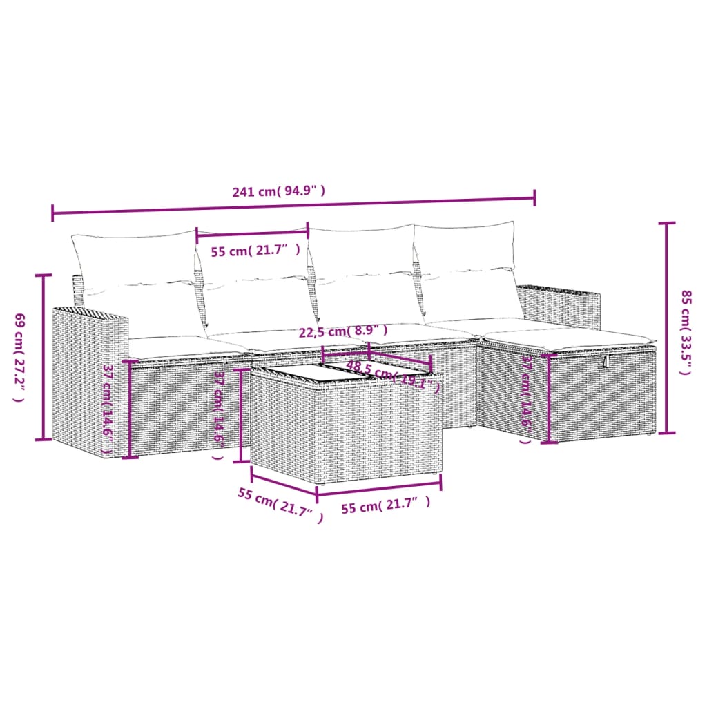 Set mobilier de grădină cu perne, 6 piese, negru, poliratan