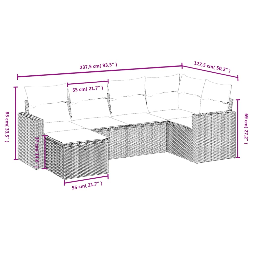 Set mobilier grădină cu perne, 6 piese, gri, poliratan