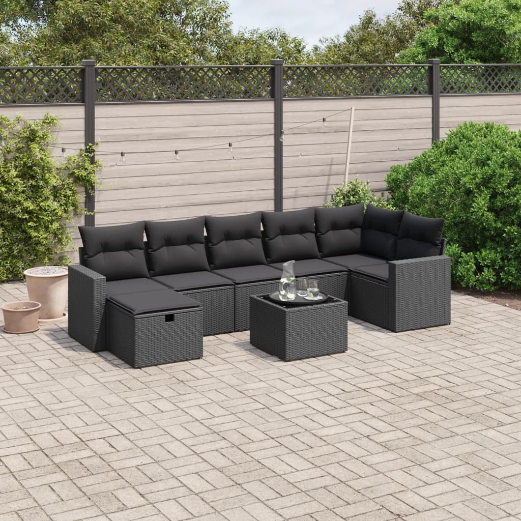 Set mobilier de grădină cu perne, 8 piese, negru, poliratan