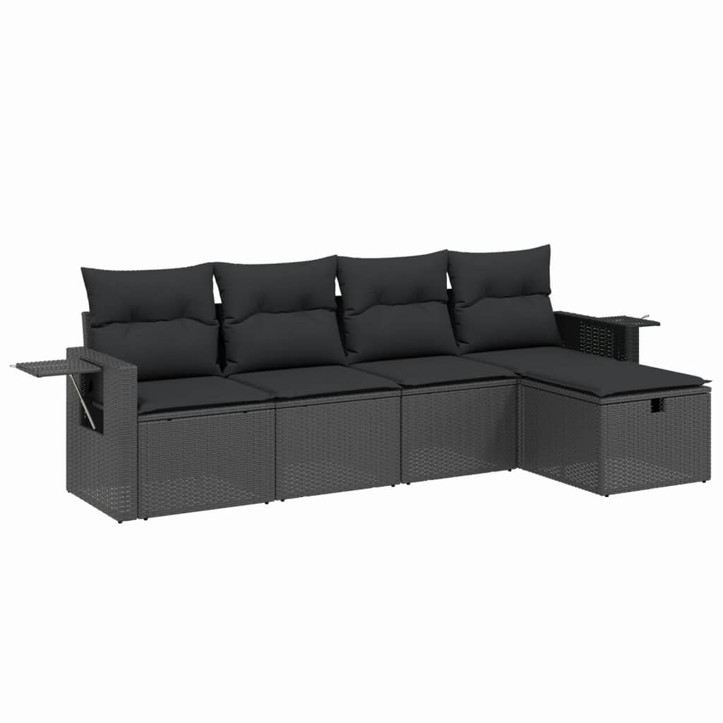 Set mobilier de grădină cu perne, 5 piese, negru, poliratan